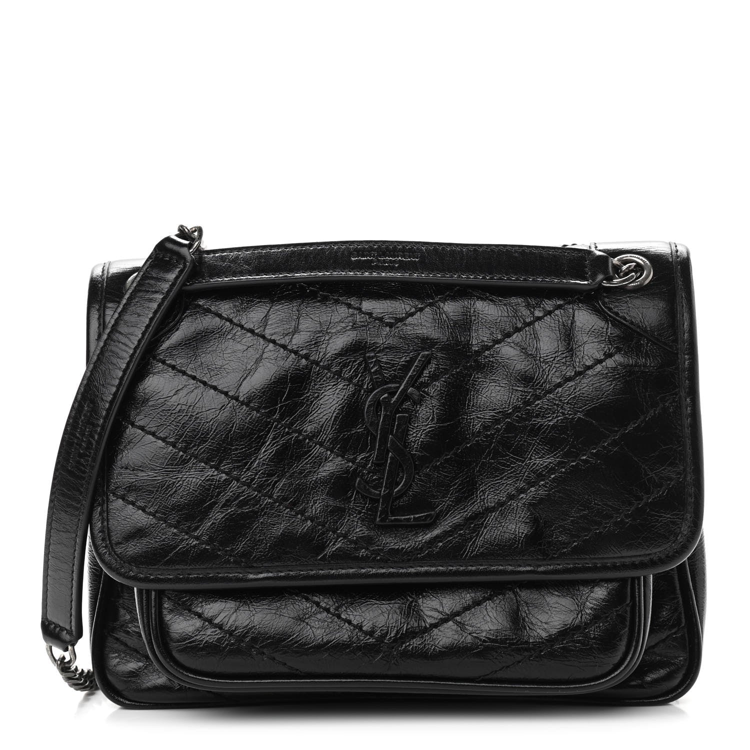 Saint Laurent Crinkled Calfskin Matelasse Monogram Baby Niki Chain Satchel Black 1 of 9