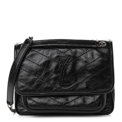 Saint Laurent Crinkled Calfskin Matelasse Monogram Baby Niki Chain Satchel Black 1 of 9