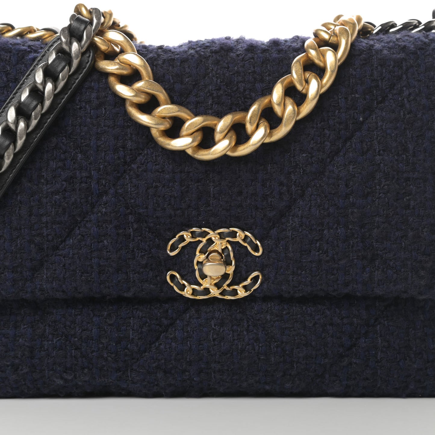 Tweed Quilted Large Chanel 19 Flap Navy Blue