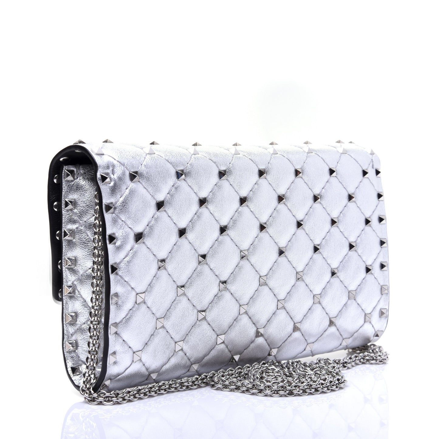 Metallic Lambskin Rockstud Spike Wallet on Chain Silver