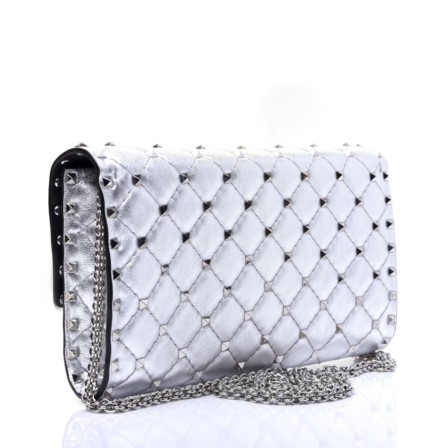 Valentino Garavani Metallic Lambskin Rockstud Spike Wallet on Chain Silver 3 of 18