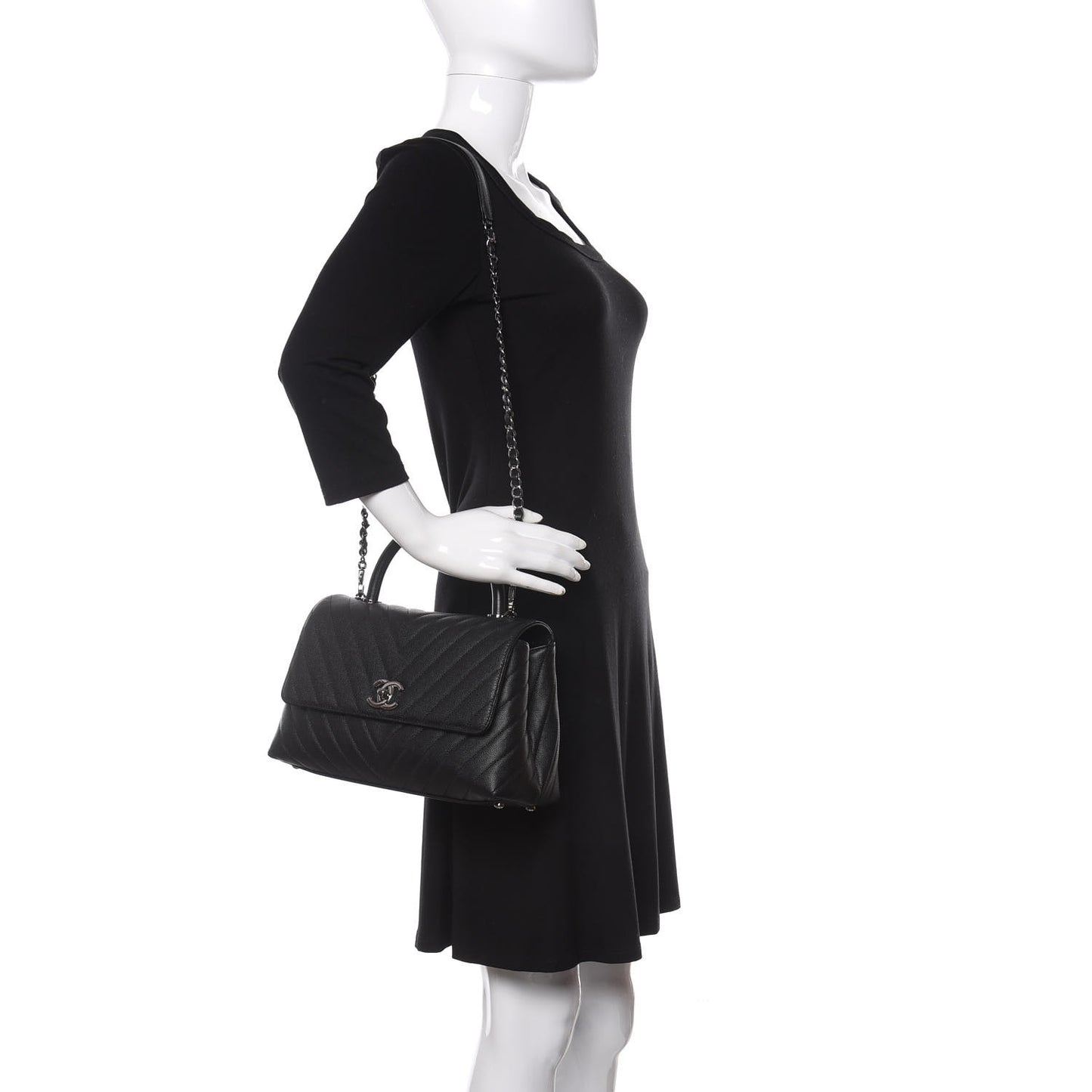 Caviar Chevron Quilted Small Coco Handle Flap Black