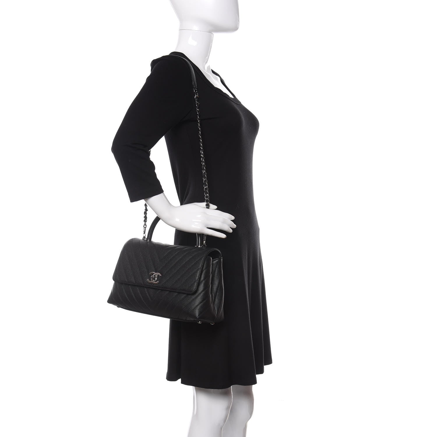 Chanel Caviar Chevron Quilted Small Coco Handle Flap Black 2 of 11