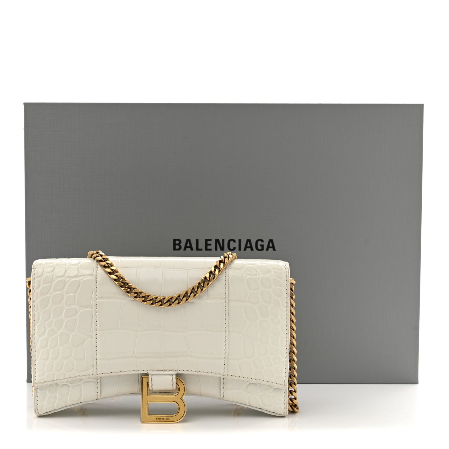 Shiny Calfskin Crocodile Embossed Hourglass Chain Bag White