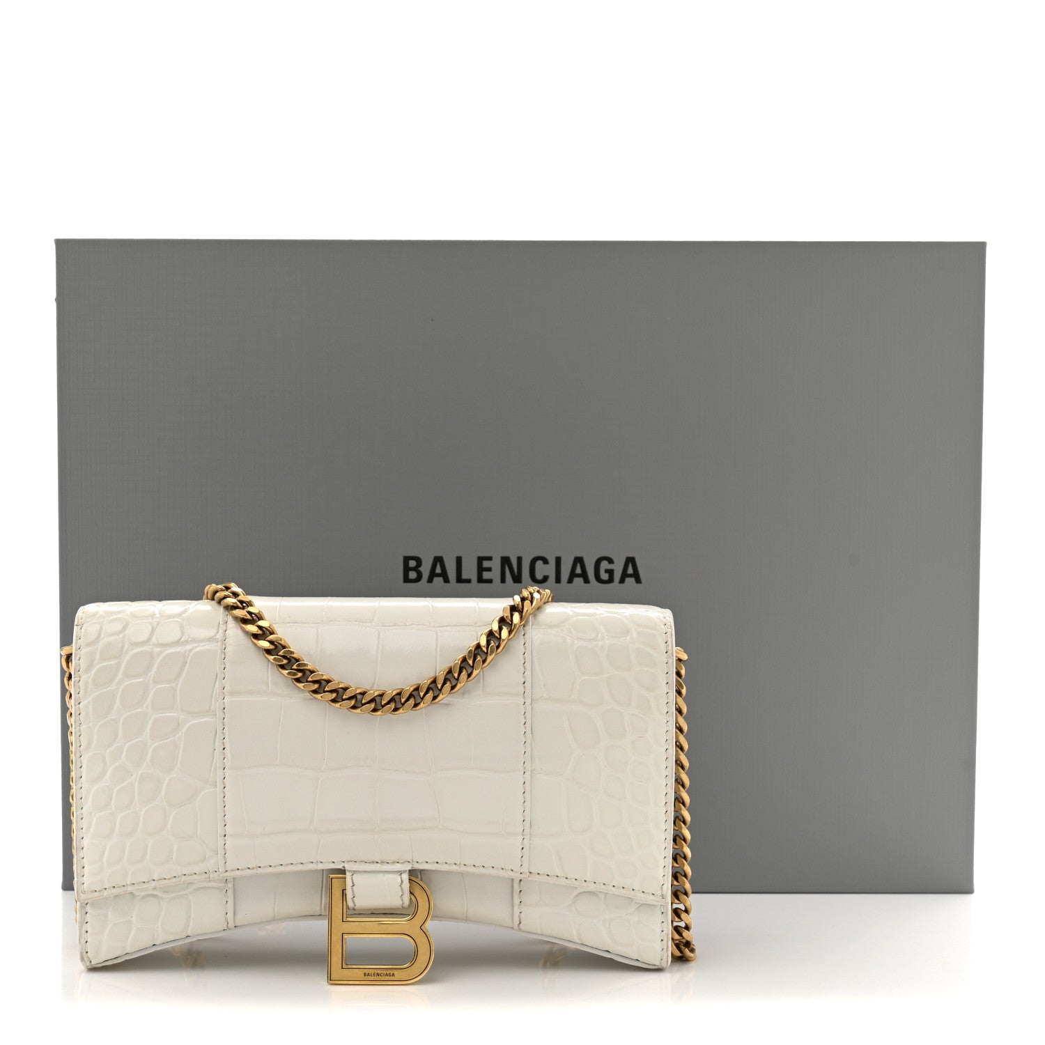 Balenciaga Shiny Calfskin Crocodile Embossed Hourglass Chain Bag White 11 of 11