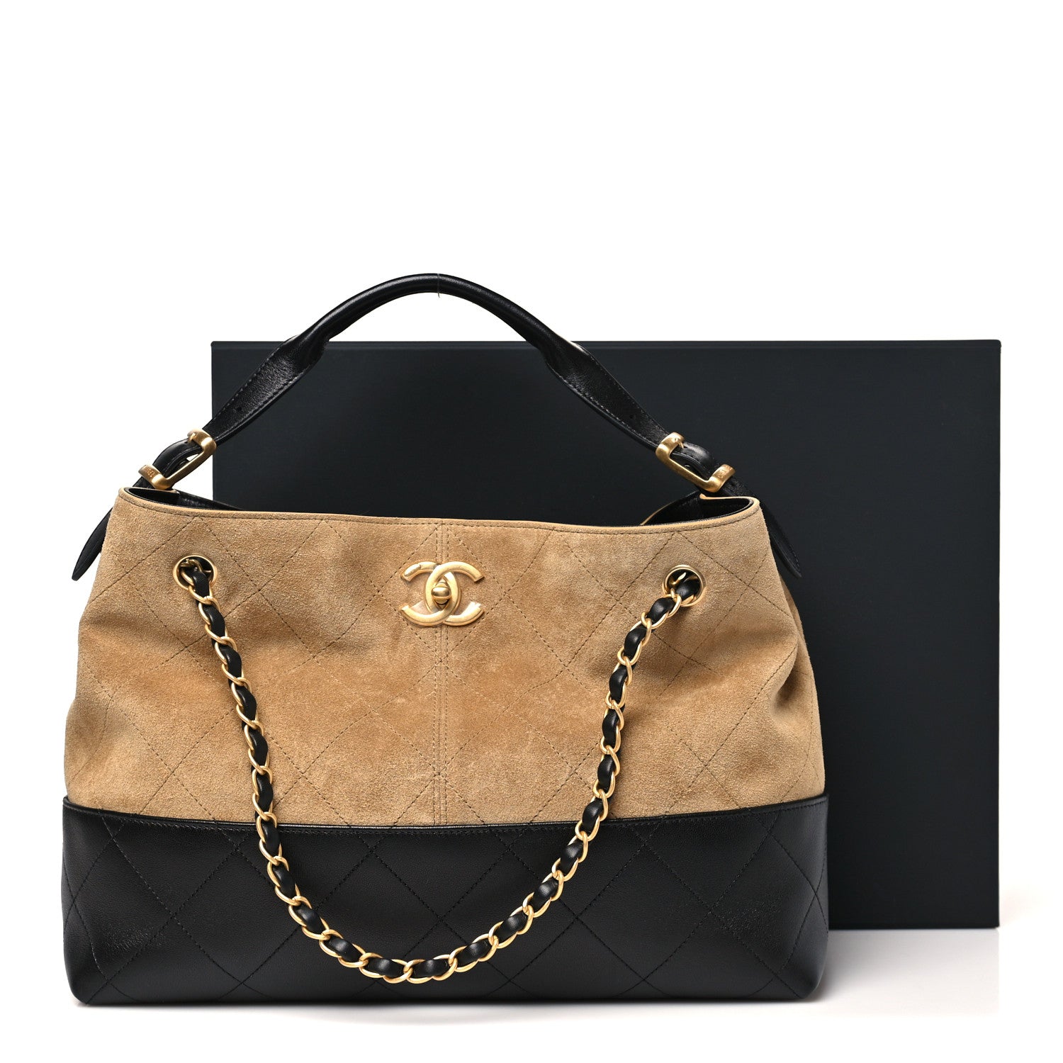 Chanel Suede Calfskin Shiny Lambskin Quilted Small Coco Base Shopping Bag Beige Black 11 of 11