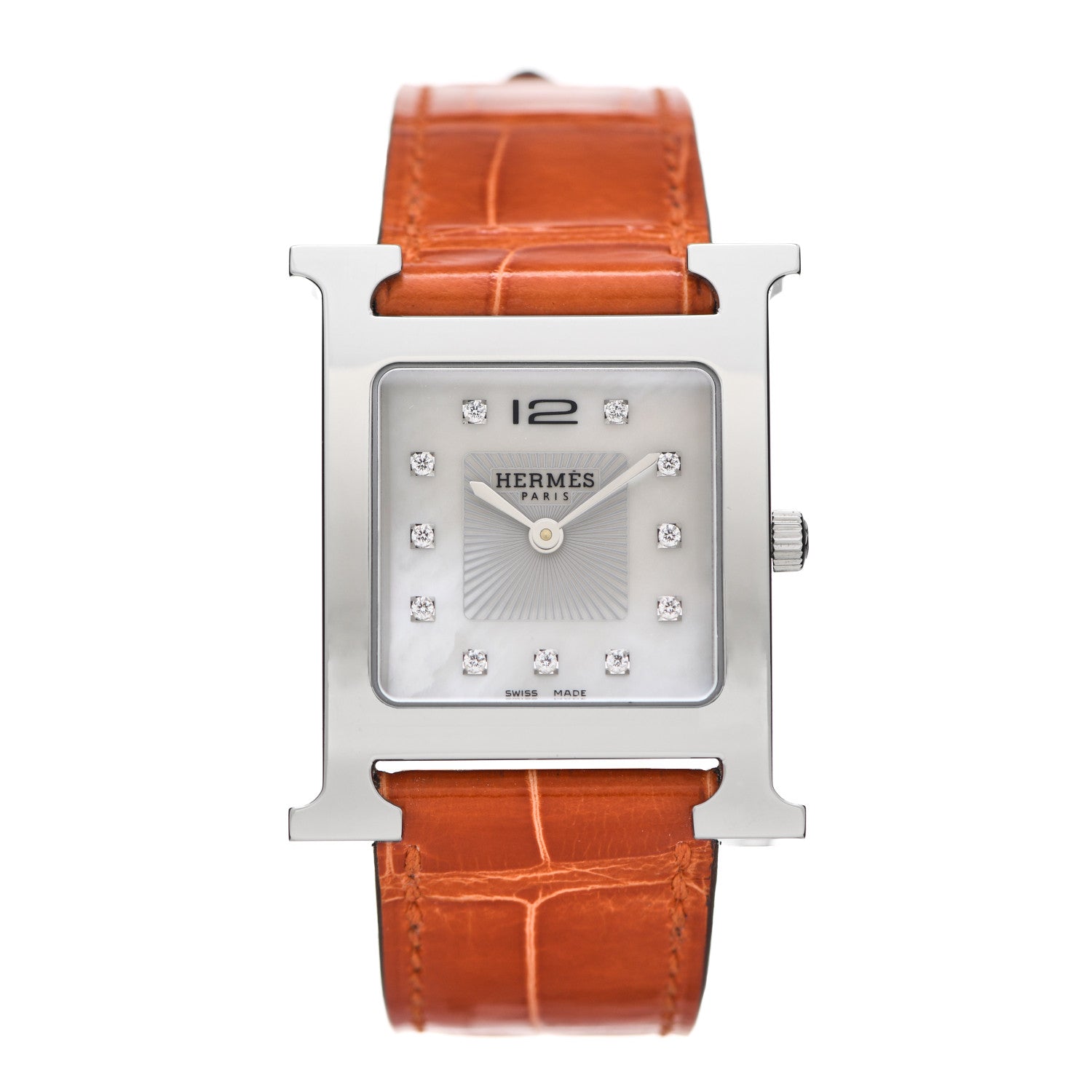 Hermes Stainless Steel Alligator Diamond Mother of Pearl 26mm Heure H Hour Quartz Watch Orange 1 of 5