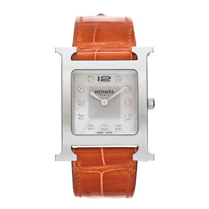 Hermes Stainless Steel Alligator Diamond Mother of Pearl 26mm Heure H Hour Quartz Watch Orange 1 of 5
