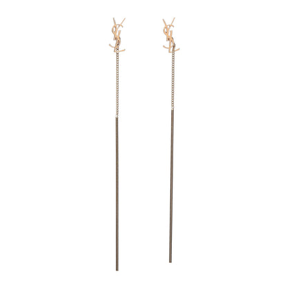 Saint Laurent Metal Monogram Pendant Threader Earrings Gold 1 of 3