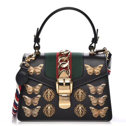 Gucci Calfskin Animal Studs Mini Sylvie Top Handle Bag Black 1 of 8