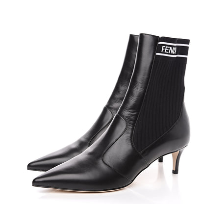 Fendi Vitellino Stretch Fabric Logo Rockoko Low Heel Sock Boots 40.5 Black White 3 of 8