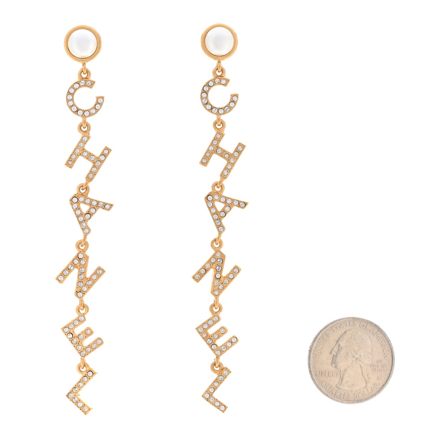 Crystal Pearl Logo Drop Earrings Gold