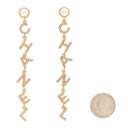 Chanel Crystal Pearl Logo Drop Earrings Gold 2 of 5