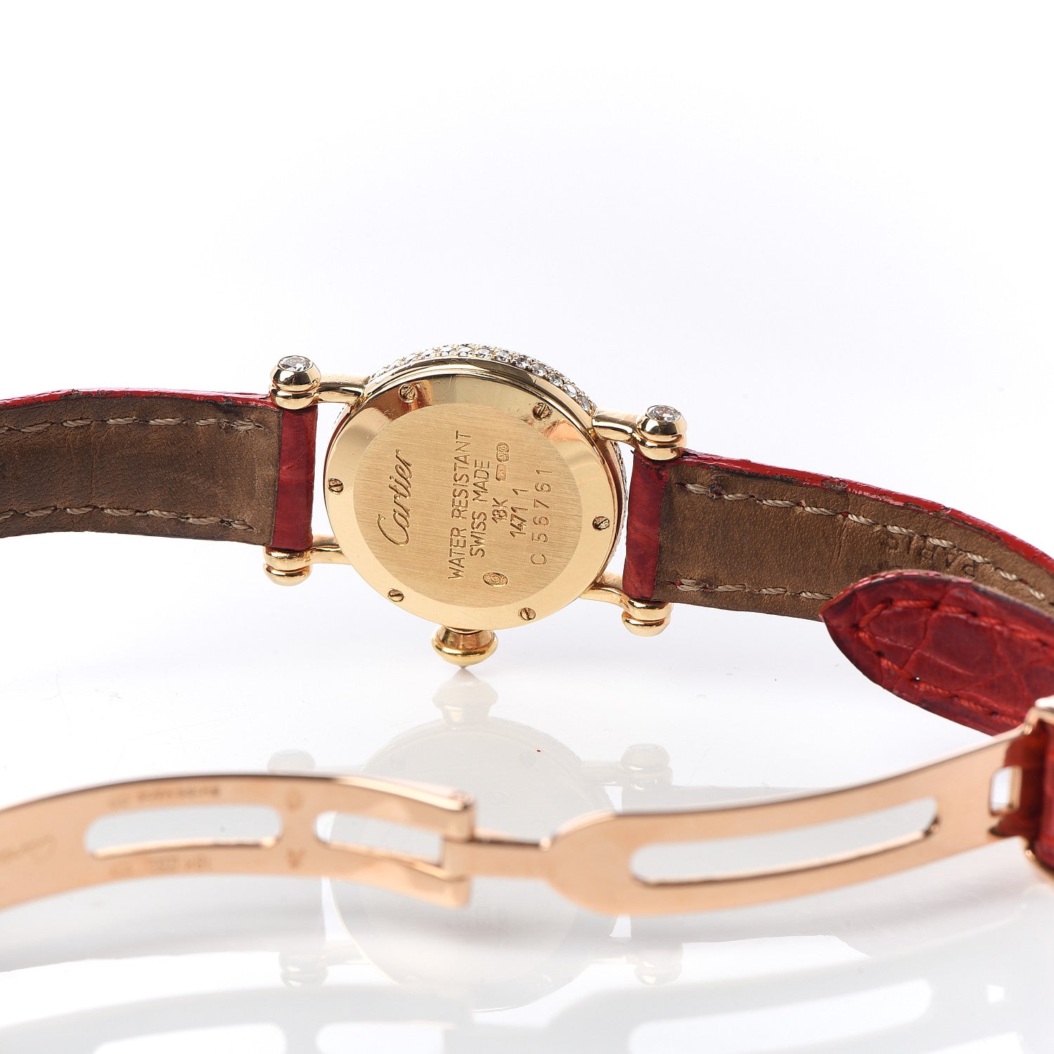Cartier 18K Yellow Gold Alligator Diamond Bezel 20mm Diabolo Quartz Watch Red 10 of 10
