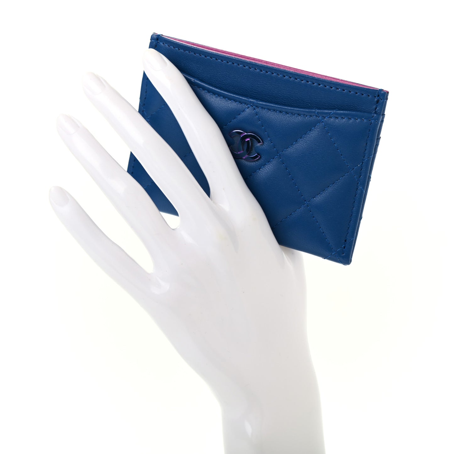 Lambskin Quilted Card Holder Blue Pink