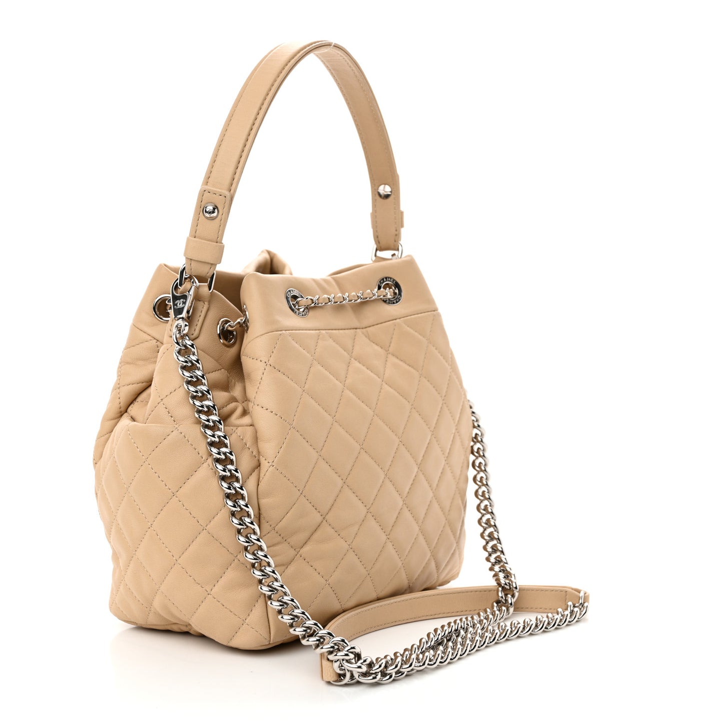 Lambskin Quilted Small CC Chain Bucket Drawstring Bag Light Beige
