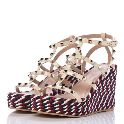 Valentino Garavani Patent Rockstud Ankle Strap Torchon Espadrille Caged 25/95mm Wedge Sandals 37 Light Ivory 3 of 11