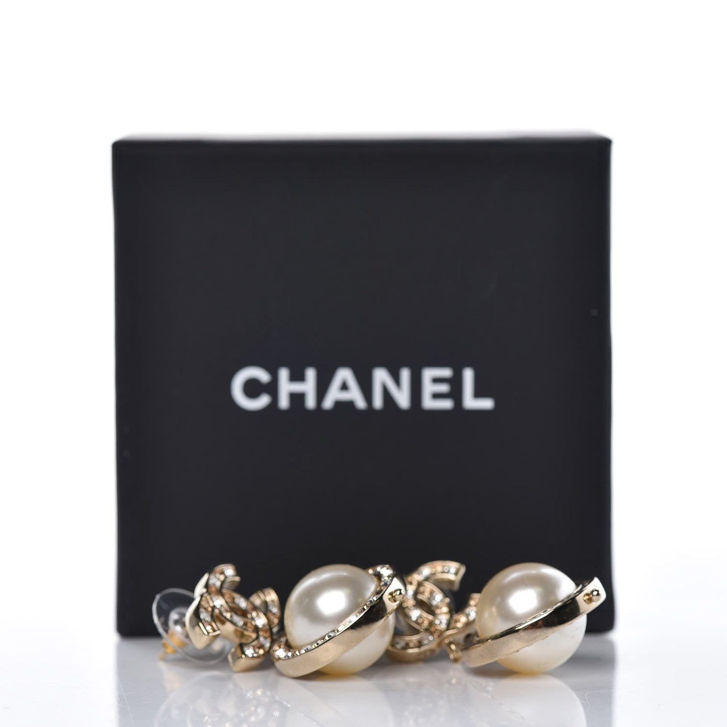 Baguette Crystal CC Pearl Drop Art Decoco Earrings Light Gold