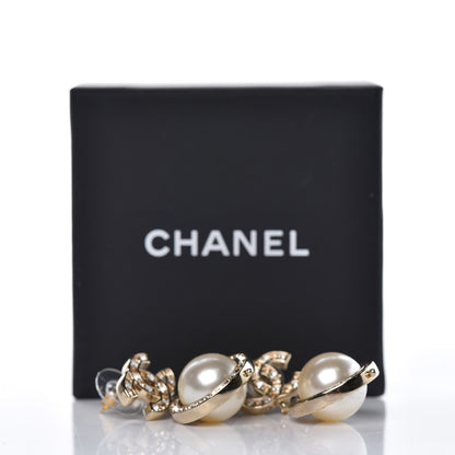 Chanel Baguette Crystal CC Pearl Drop Art Decoco Earrings Light Gold 4 of 4