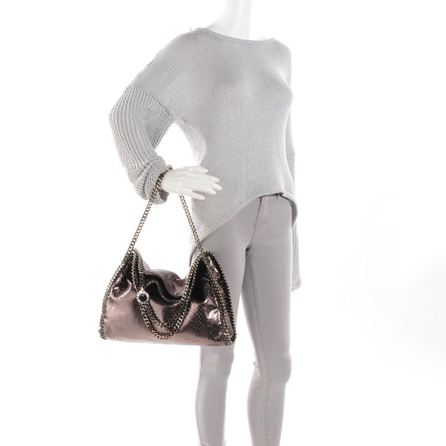 Metallic Snake Print Small Falabella Fold Over Tote Grey