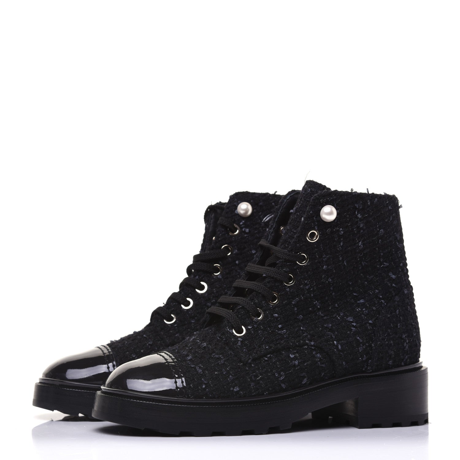Chanel Tweed Patent Calfskin Pearl Combat Short Boots 36.5 Black Grey Blue 4 of 10