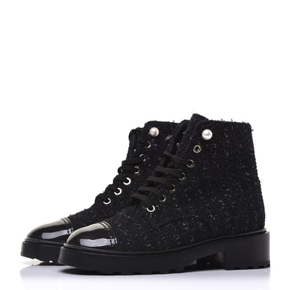 Chanel Tweed Patent Calfskin Pearl Combat Short Boots 36.5 Black Grey Blue 4 of 10