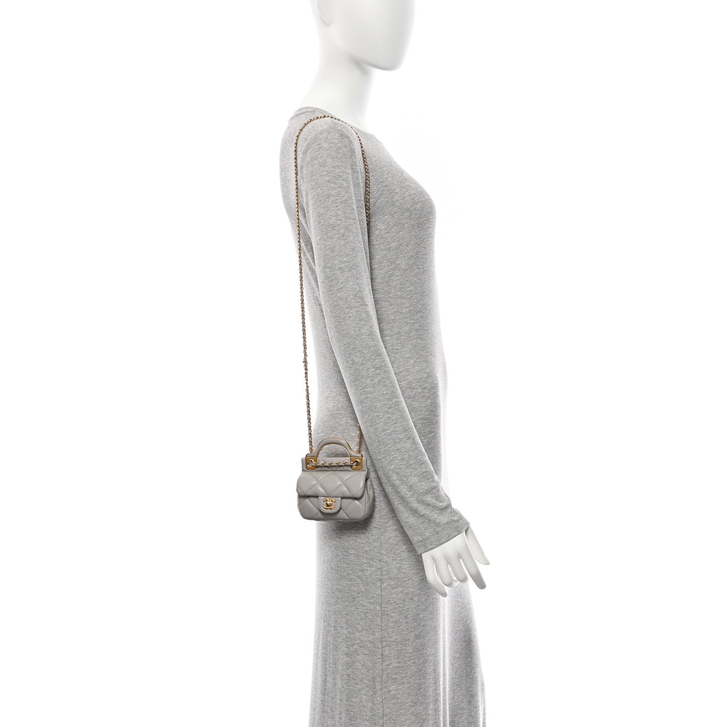 Calfskin Quilted Lady Handle Flap Card Holder With Chain Grey