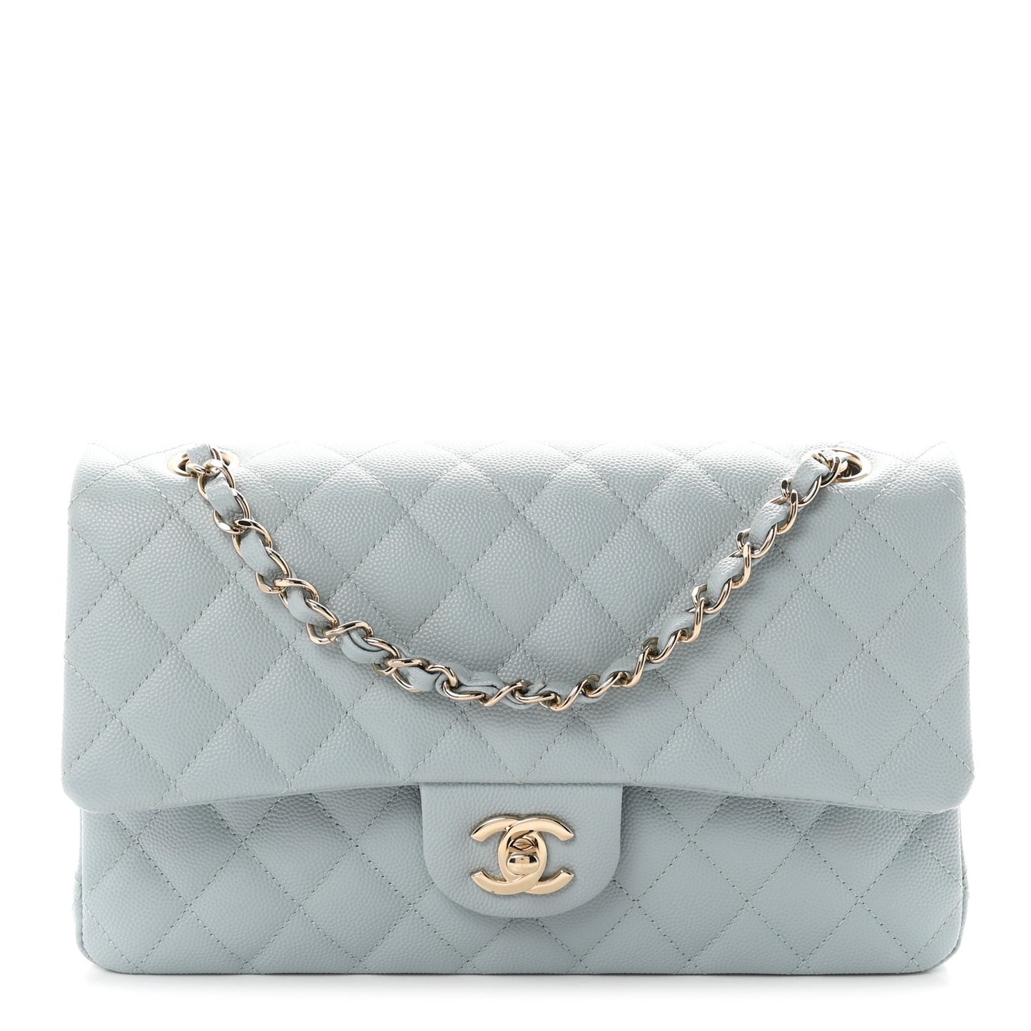 Caviar Quilted Medium Double Flap Light Blue