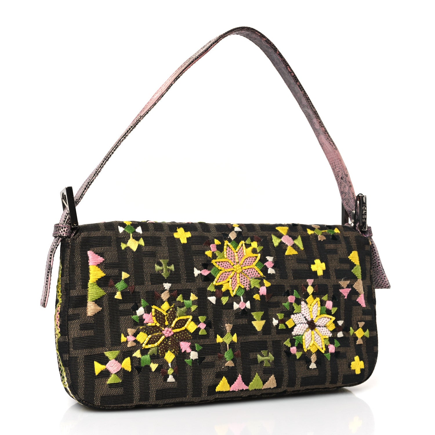 Fendi Lizard Zucca Floral Embroidered Baguette Tobacco Pink Multicolor 3 of 9
