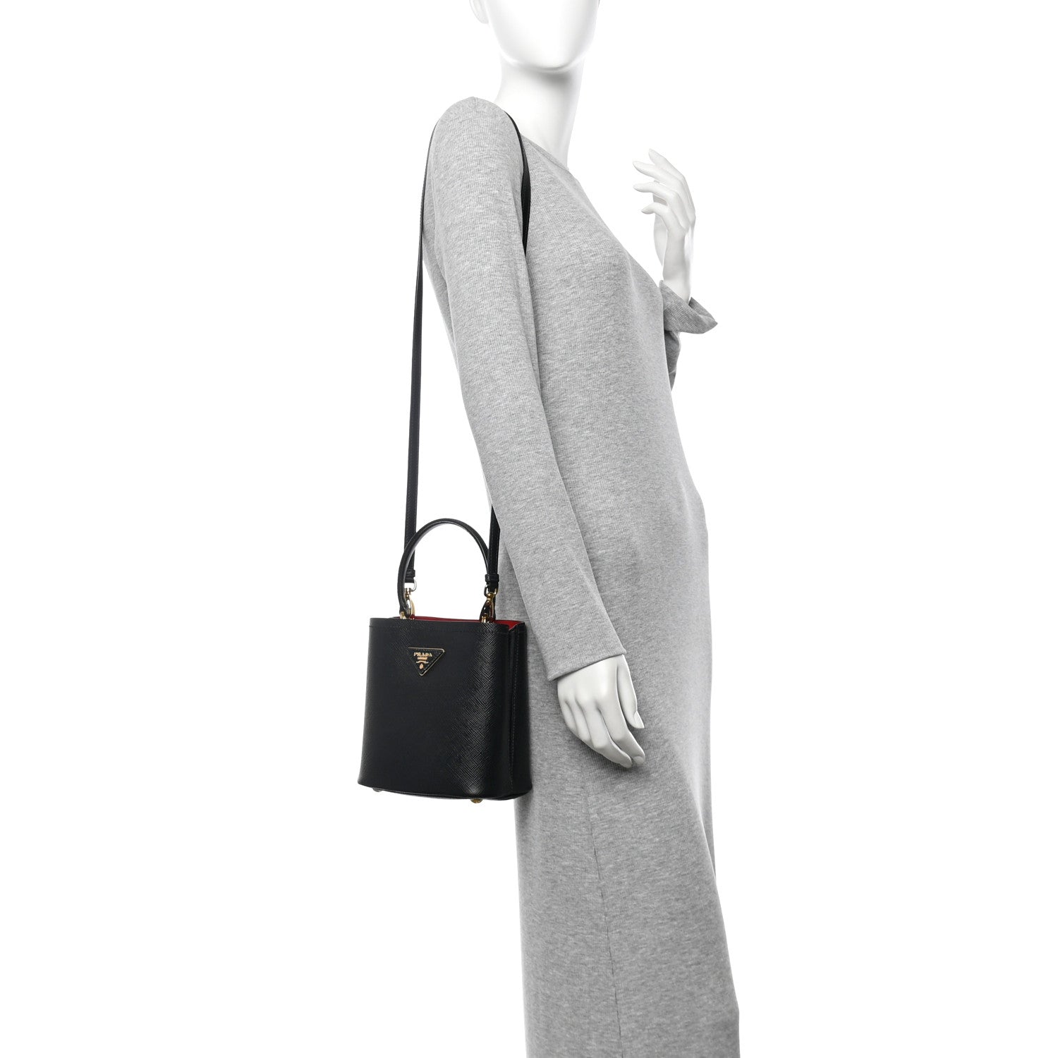 Prada Saffiano Cuir Small Panier Bucket Bag Black Fuoco 2 of 9