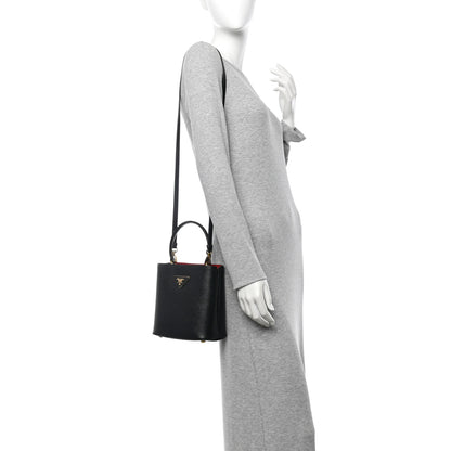 Prada Saffiano Cuir Small Panier Bucket Bag Black Fuoco 2 of 9