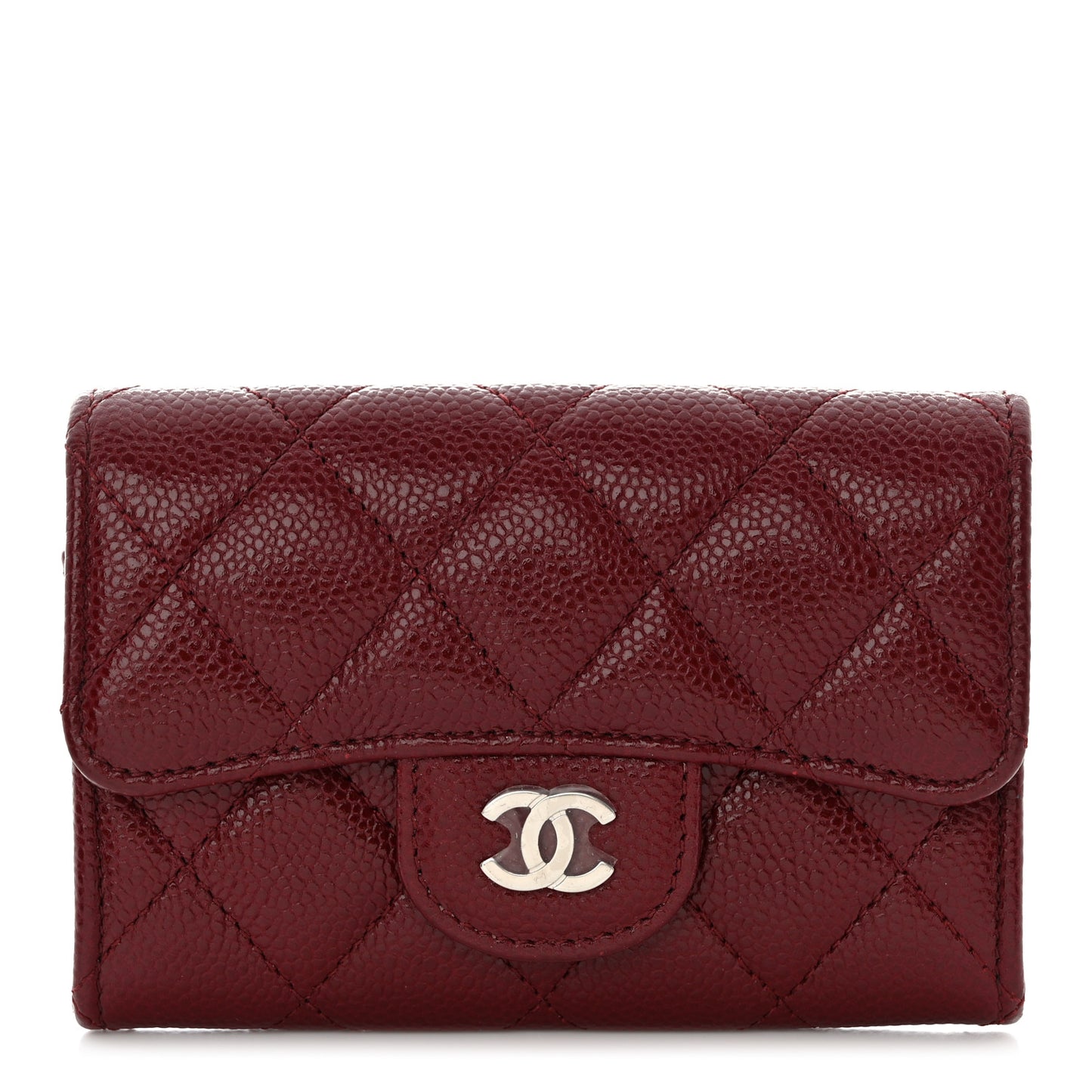 Caviar Quilted Flap Card Holder Wallet Burgundy