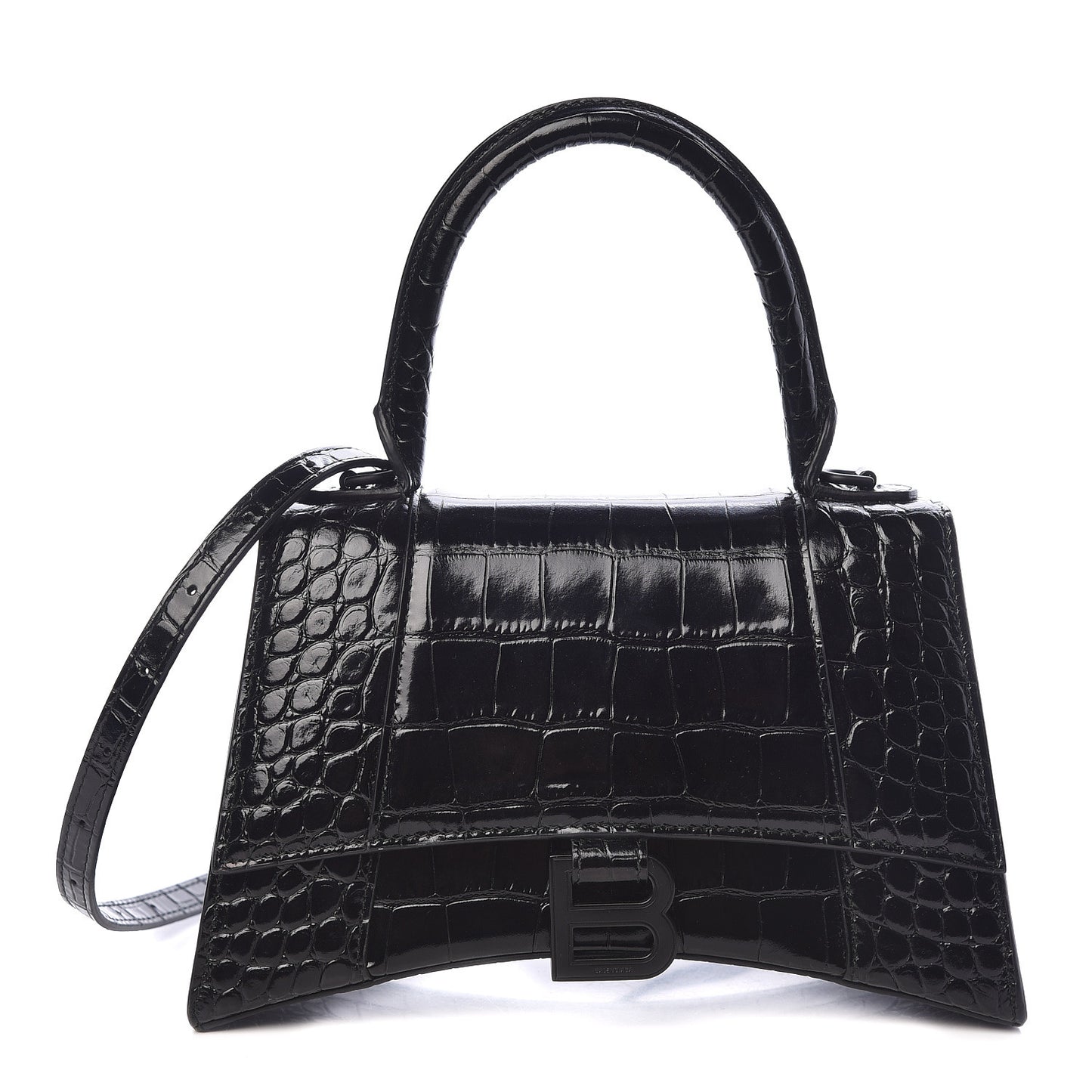 Shiny Calfskin Monochrome Crocodile Embossed Small Hourglass Top Handle Bag Black