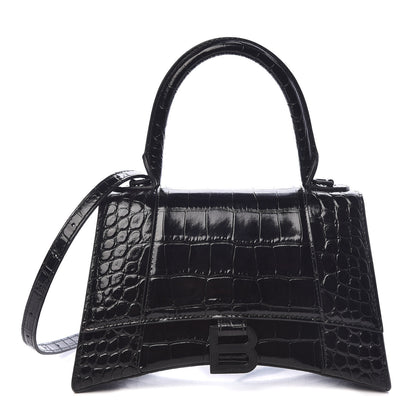 Balenciaga Shiny Calfskin Monochrome Crocodile Embossed Small Hourglass Top Handle Bag Black 1 of 9