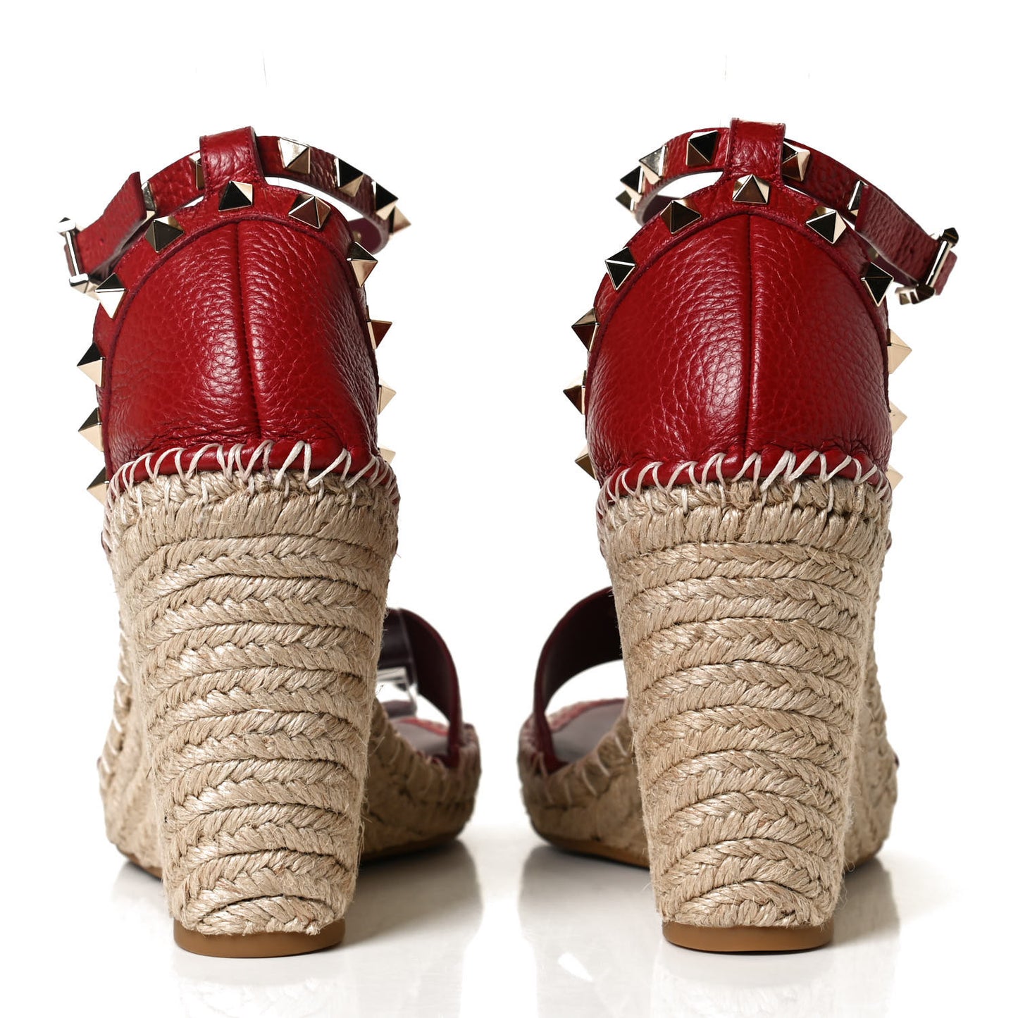 Grained Calfskin Rockstud Ankle Strap Espadrille 15/105mm Wedge Sandals 41 Rosso Valentino Natural