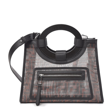 Fendi Mesh Vitello Century Cuoio FF 1974 Small Runaway Shopper Tote Marrone Black Ebano 1 of 12