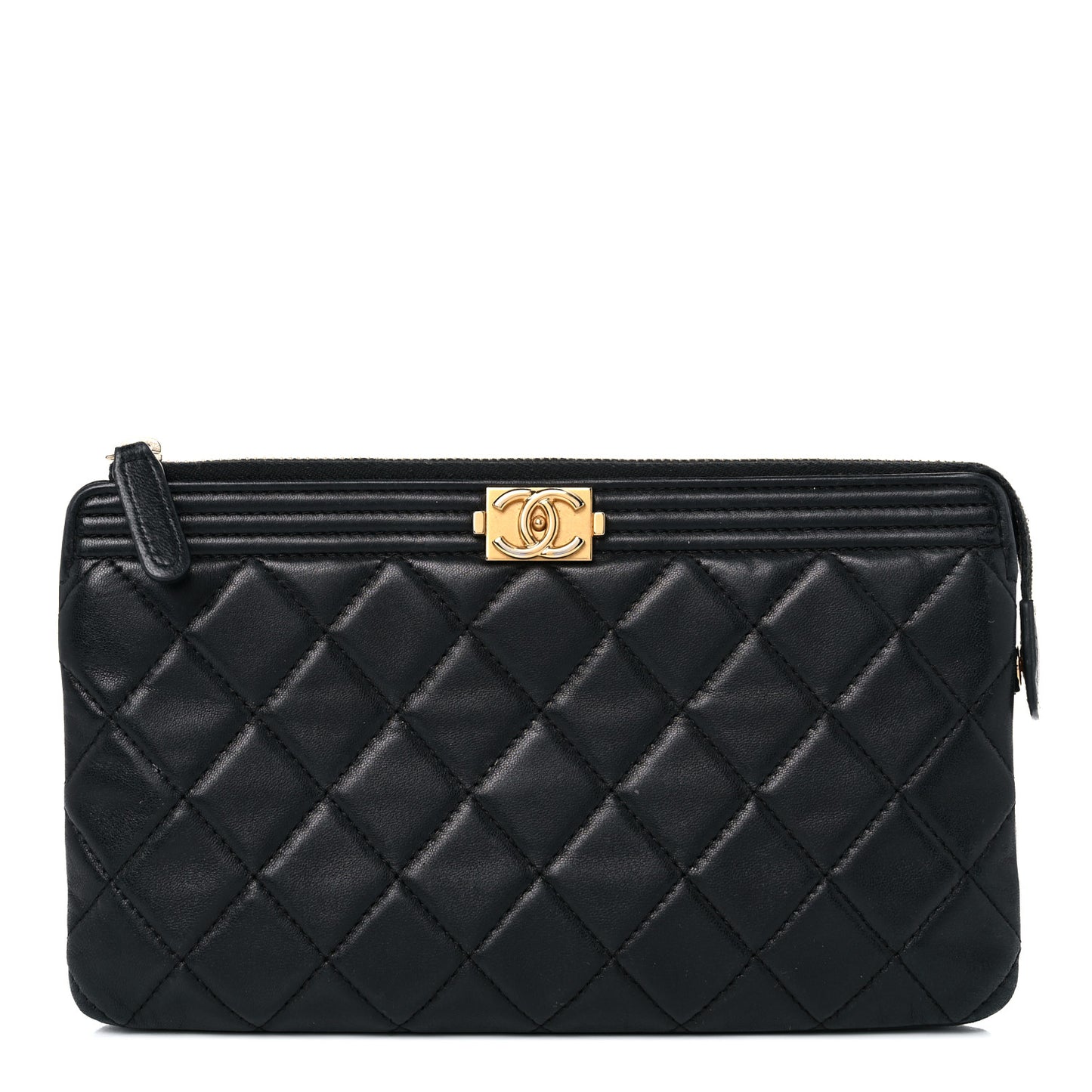 Lambskin Quilted Small Boy Zipped Pouch Black
