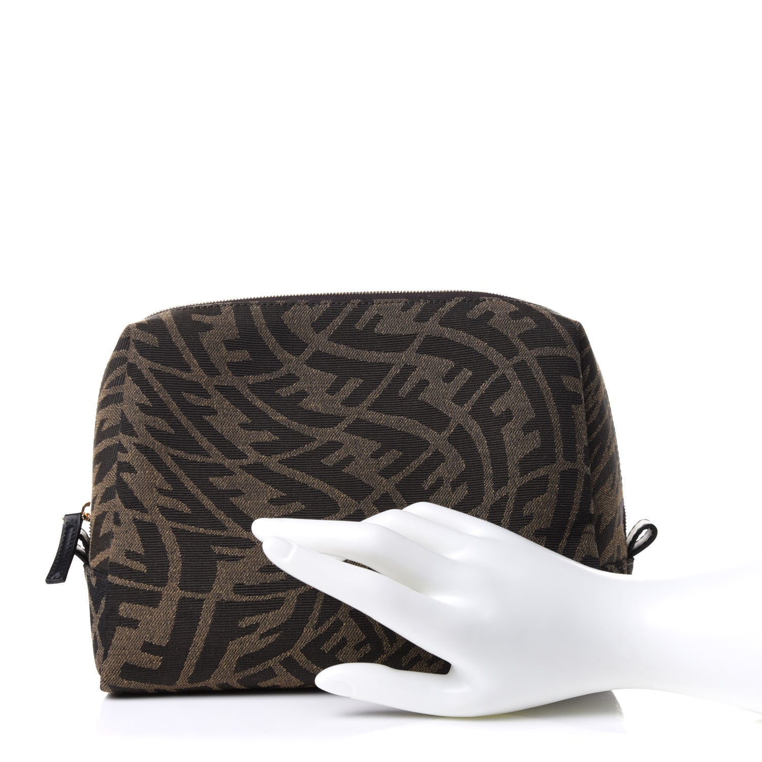 Fendi X SARAH COLEMAN Fabric Jacquard Vitello King FF Vertigo Medium Trapezoid Beauty Pouch Tobacco Moro Black 2 of 9