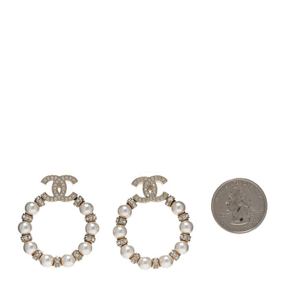 Chanel Crystal Pearl CC Hoop Earrings Gold Pearly White 2 of 4
