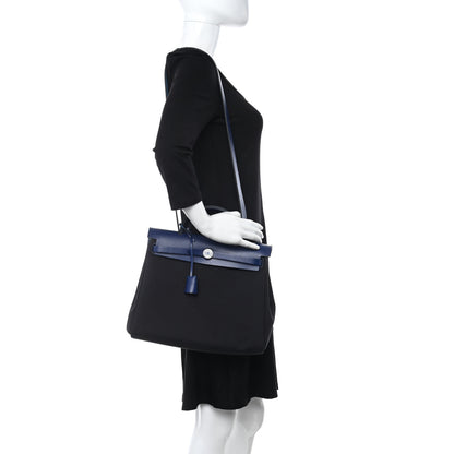 Hermes Military Toile Vache Hunter Laque Herbag Zip Retourne 31 PM Black Bleu Saphir 2 of 10