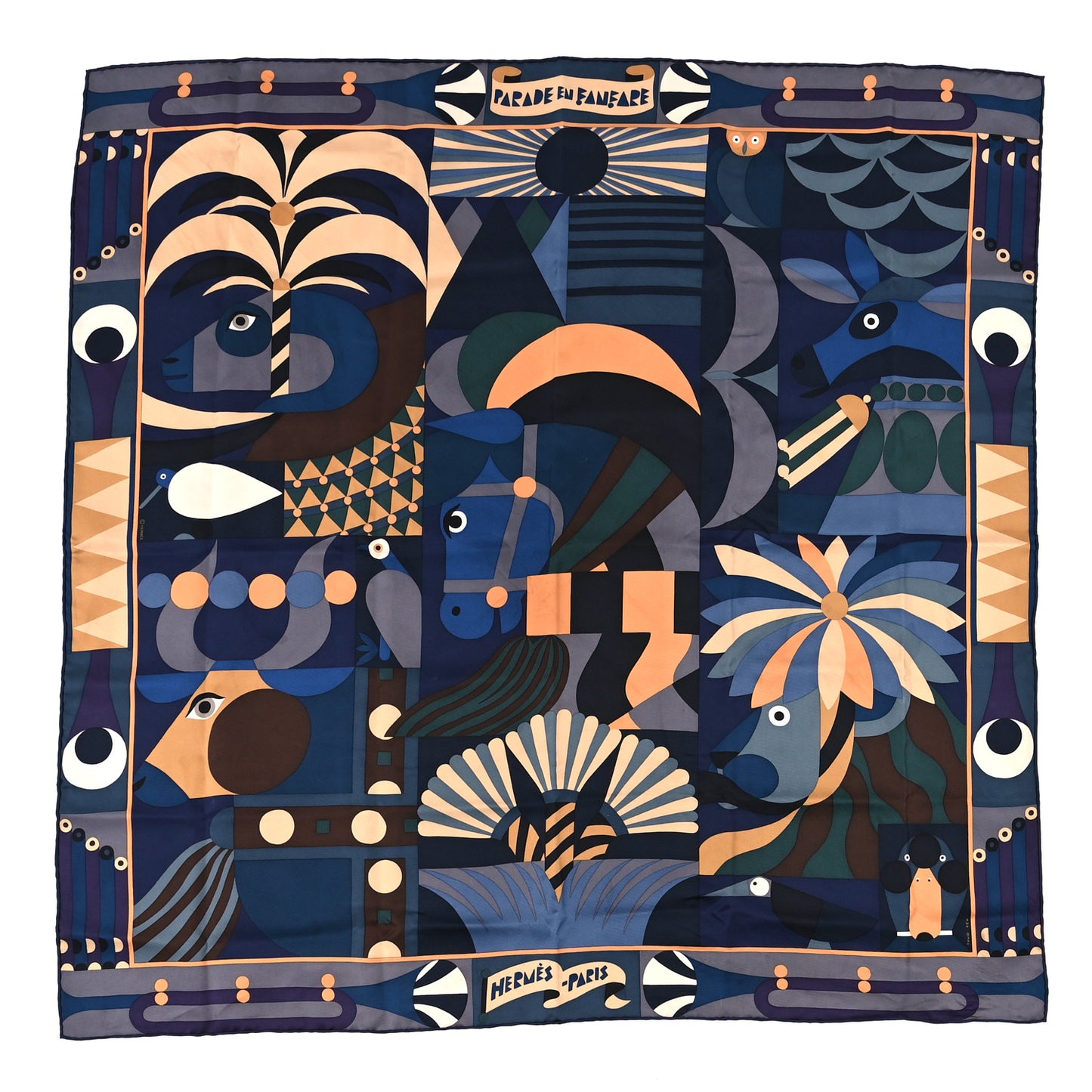 Silk Gavroche Parade En Fanfare Scarf 90 Bleu Nuit Beige Vert
