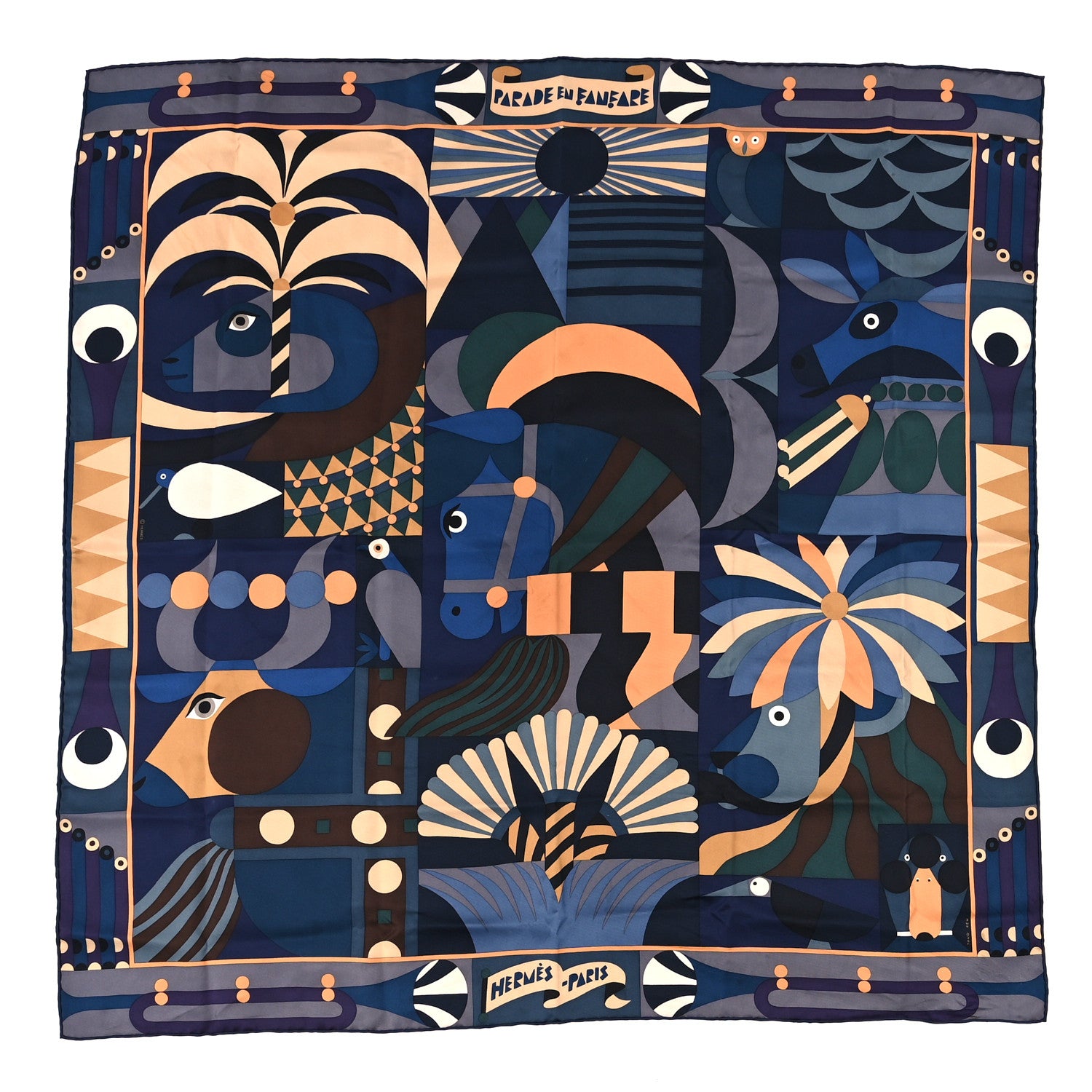 Hermes Silk Gavroche Parade En Fanfare Scarf 90 Bleu Nuit Beige Vert 1 of 3