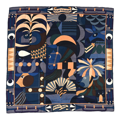 Hermes Silk Gavroche Parade En Fanfare Scarf 90 Bleu Nuit Beige Vert 1 of 3