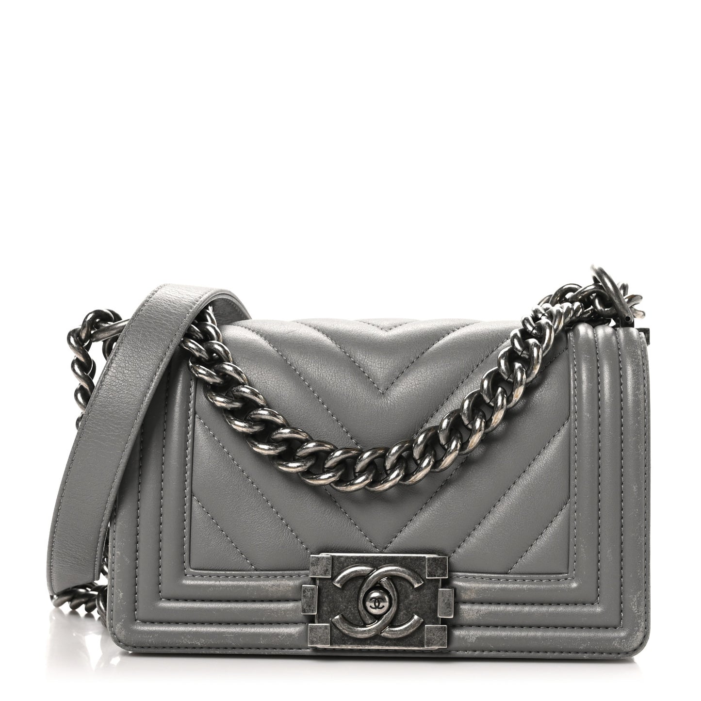 Calfskin Chevron Quilted Small Boy Flap Grey
