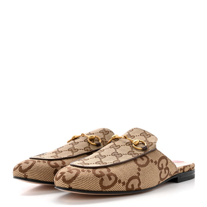 Gucci Monogram Jumbo GG Malaga Kid Womens Princetown Slippers 38 Camel Ebony New Acero Beige 3 of 8