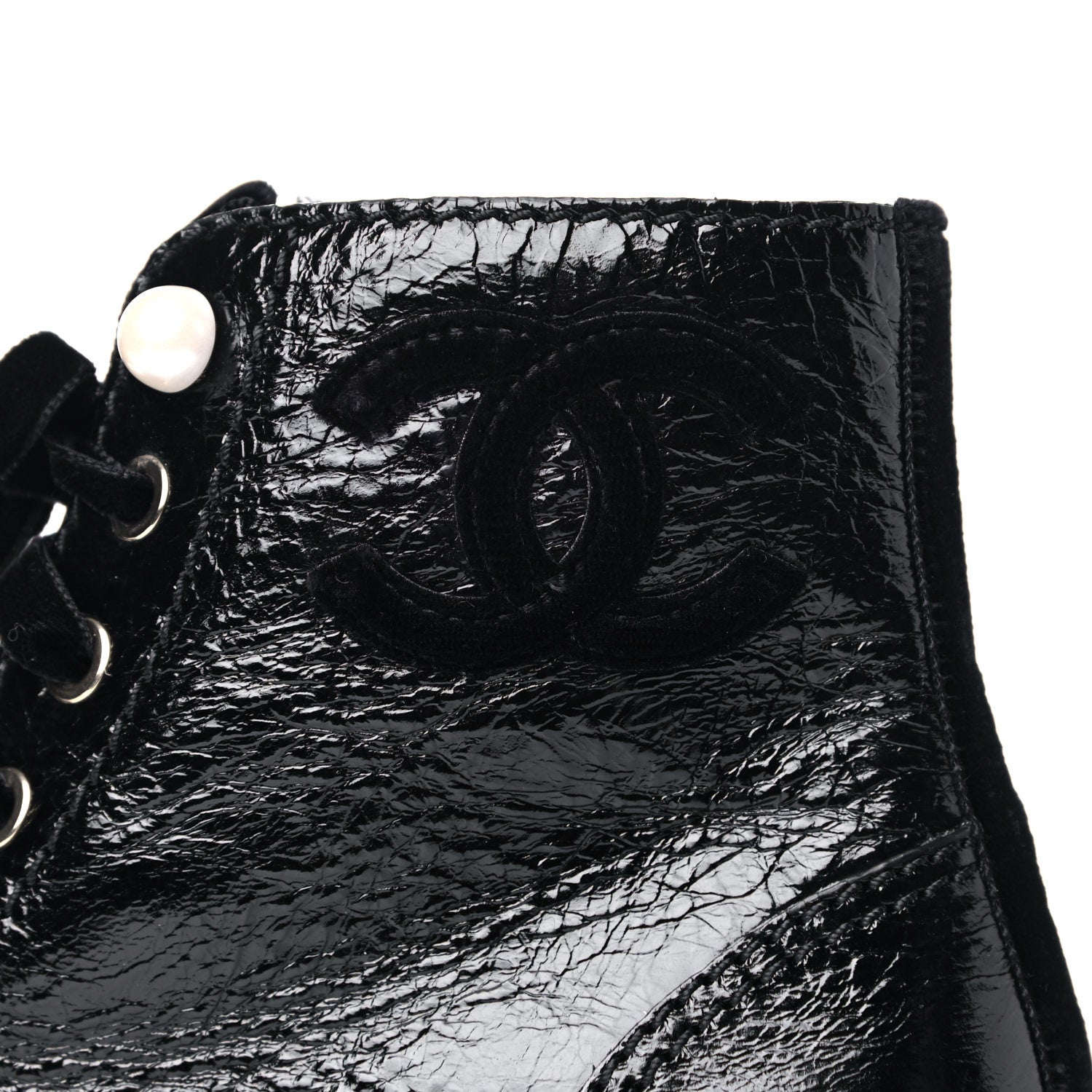 Chanel Shiny Calfskin Velvet Pearl Combat Short Boots 37 Black 11 of 13