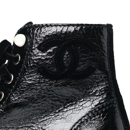 Chanel Shiny Calfskin Velvet Pearl Combat Short Boots 37 Black 11 of 13
