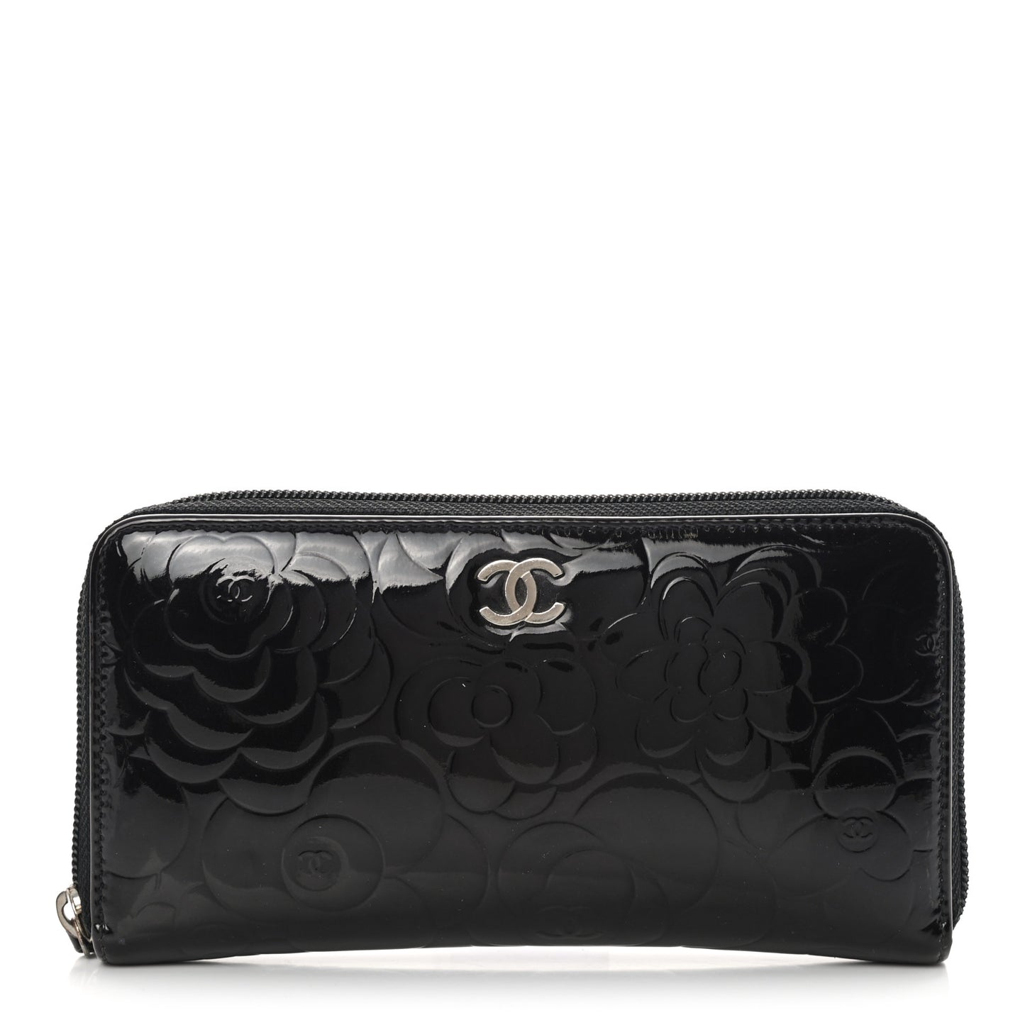 Patent Camellia Embossed Large Zip Around Gusset Wallet Black