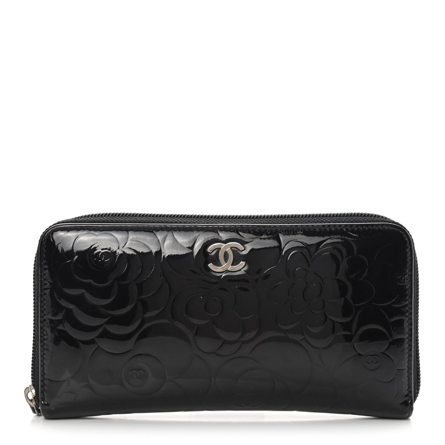 Chanel Patent Camellia Embossed Large Zip Around Gusset Wallet Black 1 of 12