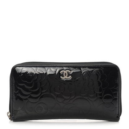 Chanel Patent Camellia Embossed Large Zip Around Gusset Wallet Black 1 of 12